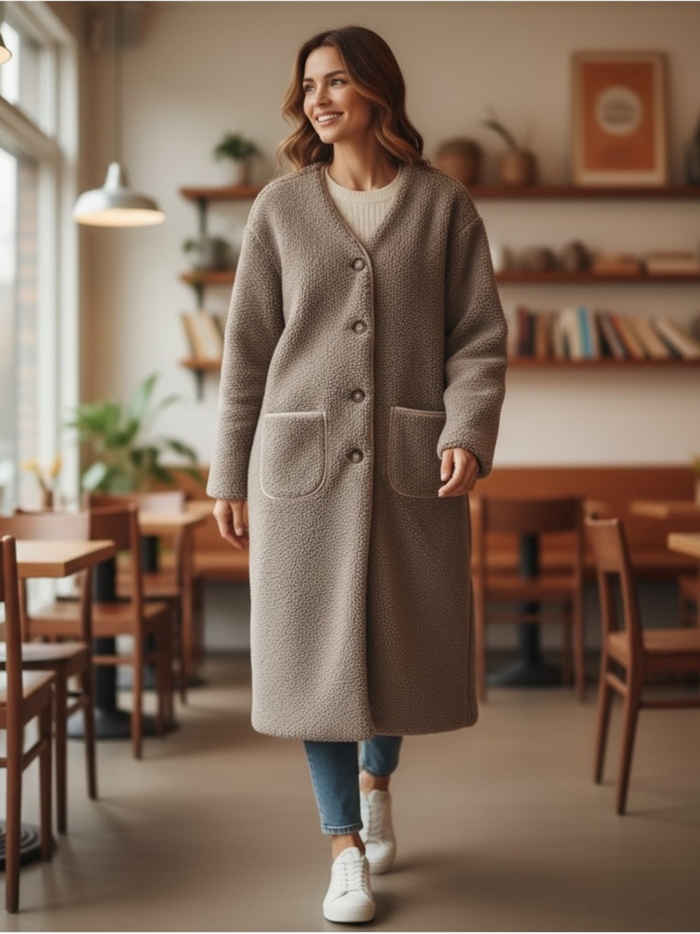 Classic Taupe Sherpa Long Coat - Women's